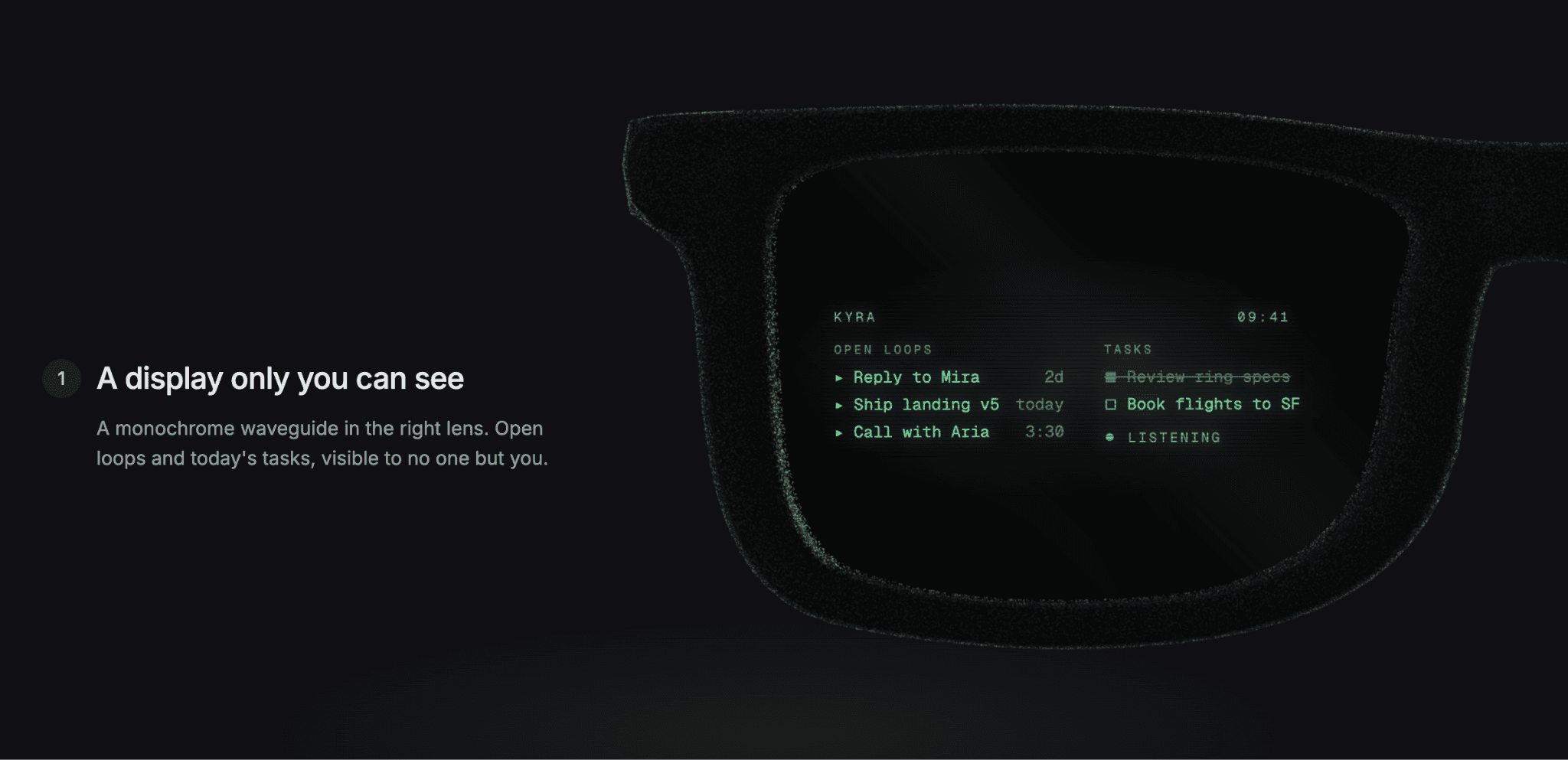 Concept illustration of a monochrome display in the right lens showing tasks and information for the wearer.